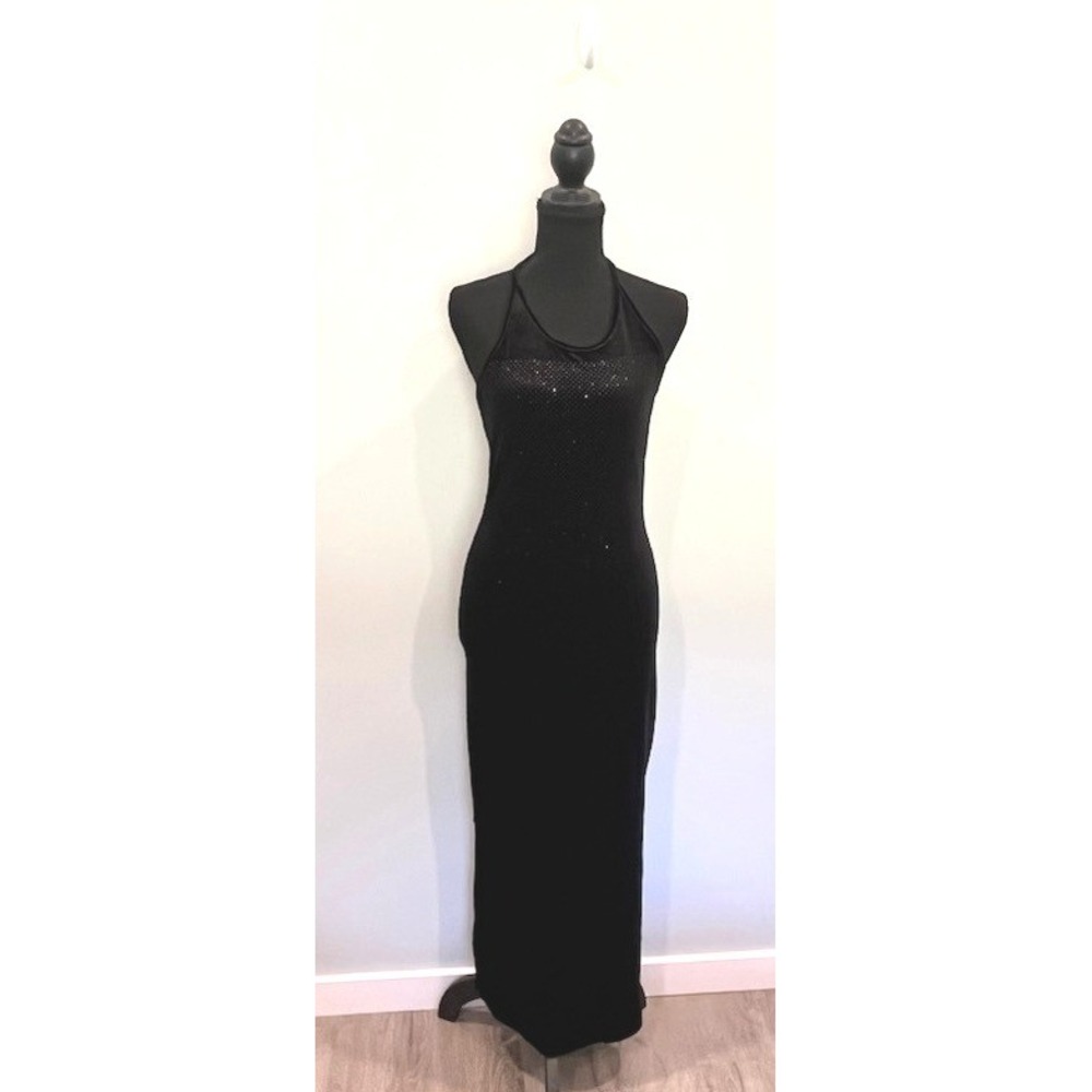 90s Y2K Black Velvet Dress Sparkly Studded Halter Maxi Sz S Goth Glam Hoco Prom